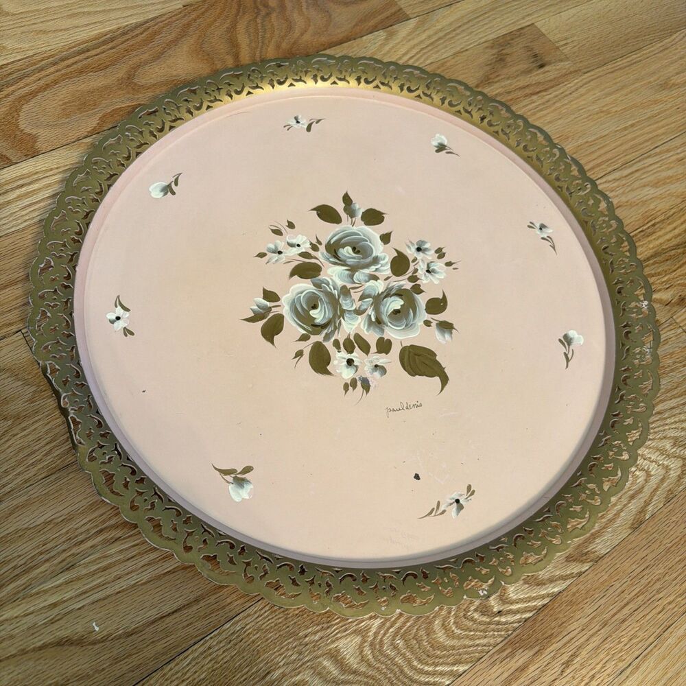 18” Vintage Signed Nashco Hollywood Regency Hand-Painted Tray Pink & Gold Trim